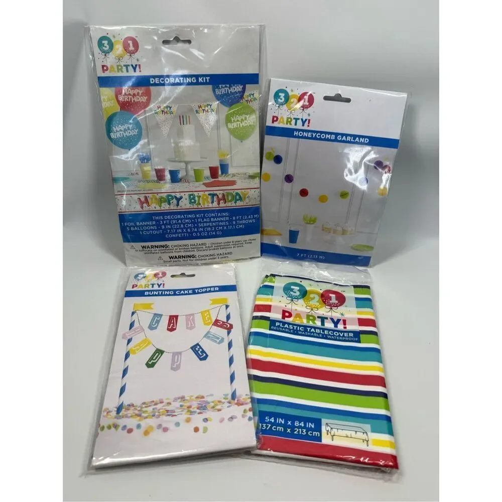 D33   4 piece Party Decorations- gender neutral party decor and tablecloth